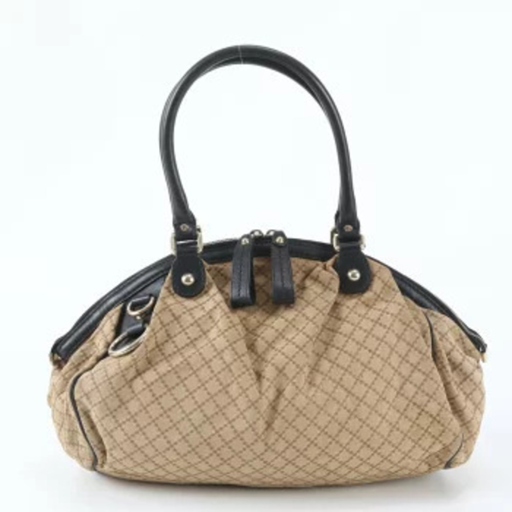 Gucci Diamante Satchel Leather Canvas Shoulder Tote Bag Brown